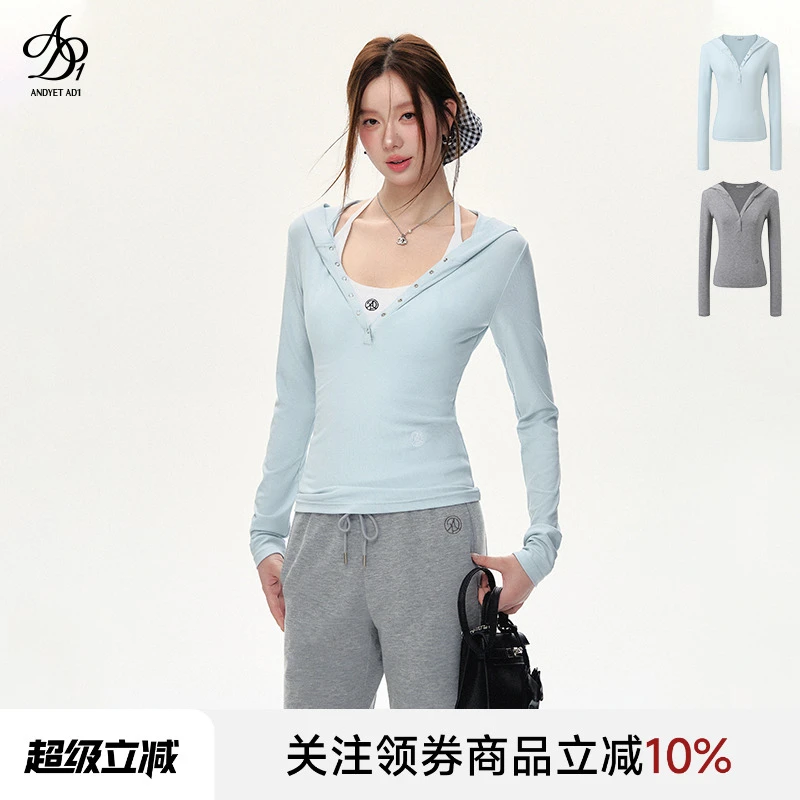 ANDYET AD1 原创连帽长袖打底衫女v领修身百搭上衣