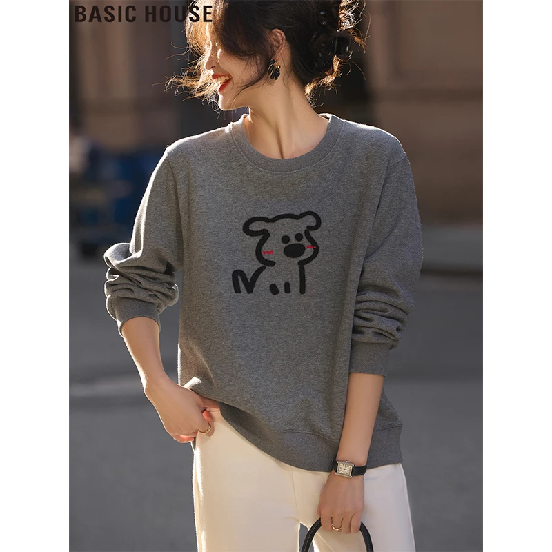 Basic House/百家好灰色印花圆领卫衣简约宽松内搭打底衫女装秋冬