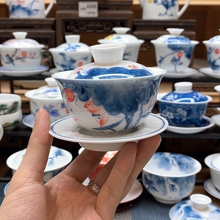 手绘荷花盖碗120cc釉下彩微瑕福利款