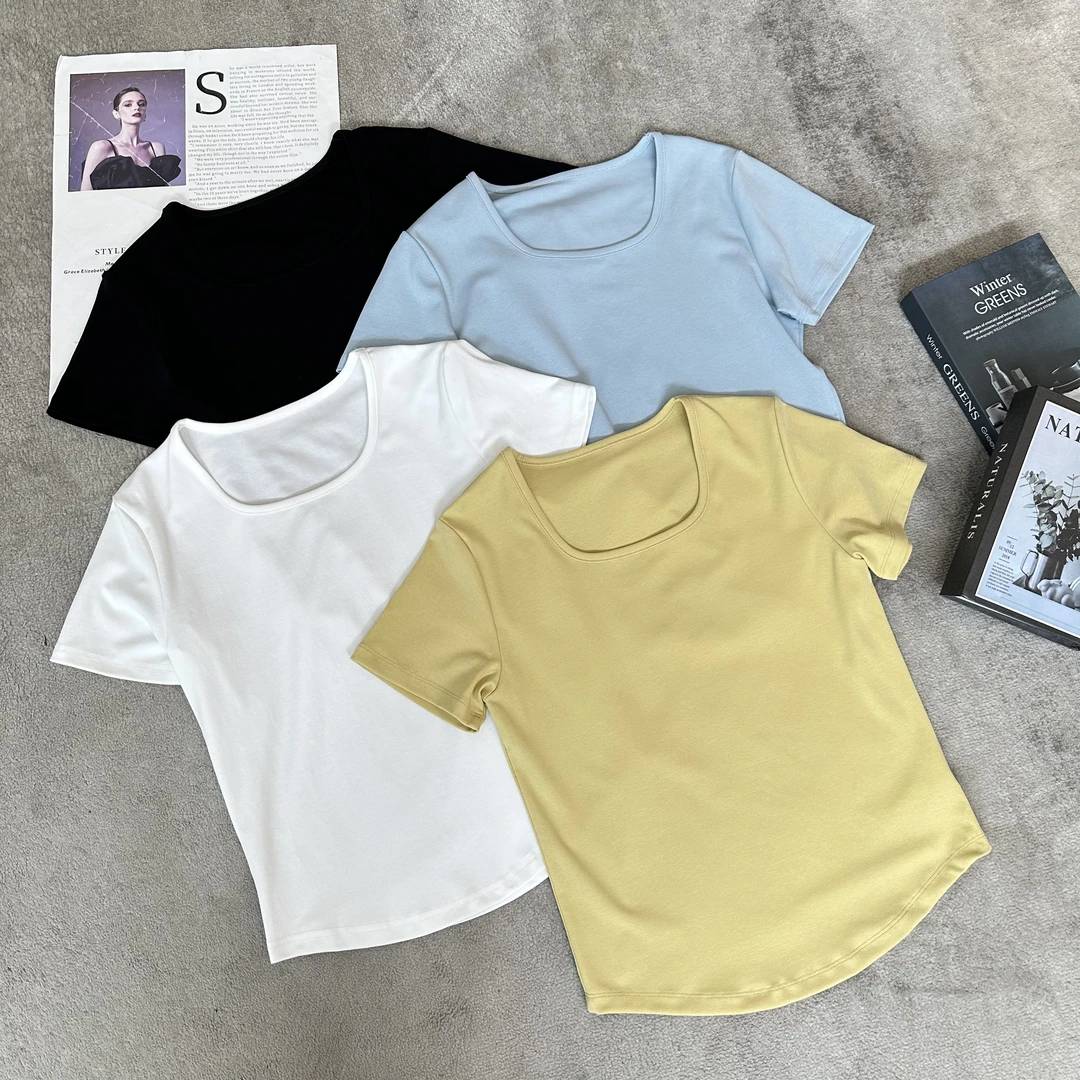 【米可家】弧度下摆小方领四色莱赛尔短袖T恤05139