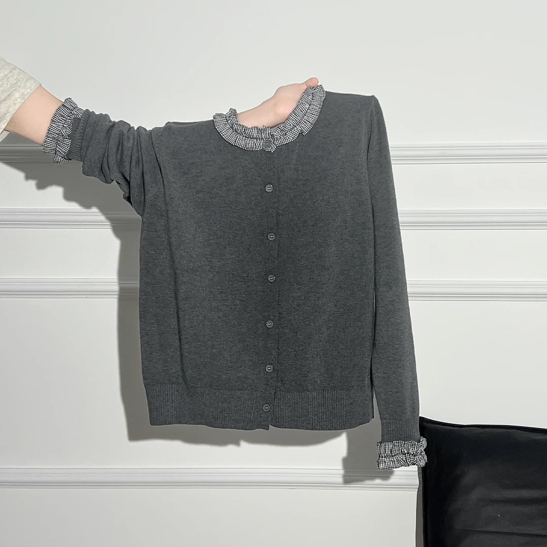 拉夏贝尔灰色假两件长袖毛衣针织开衫外套女秋季宽松显瘦外搭上衣