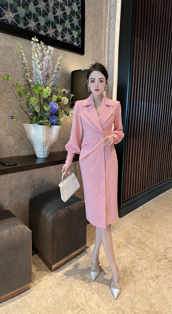 秋秋精选新款气质通勤长袖不规则西装醋酸段连衣裙66606