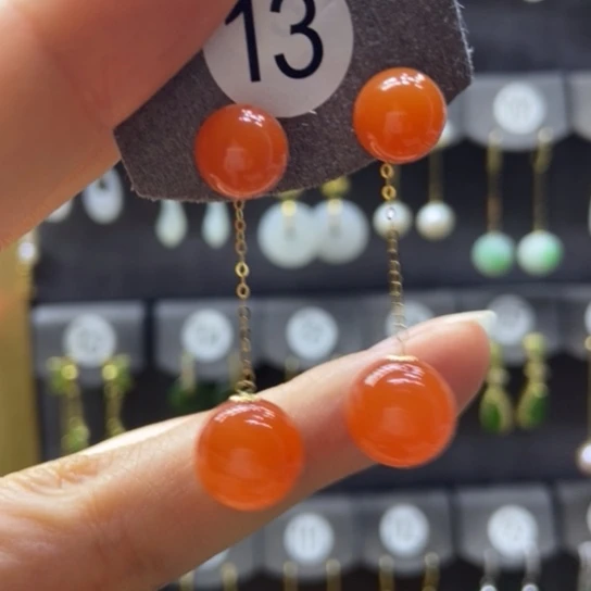 南红玛瑙18K金镶嵌耳饰