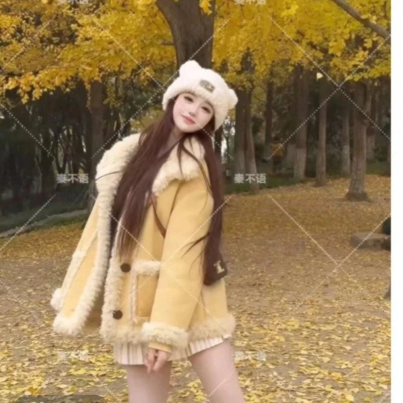 樱花故事粉色拼接长款毛毛外套女冬新款加厚时尚