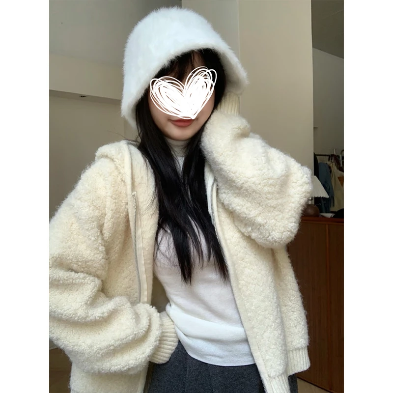 Moses Queen/魔西女王羊羔毛连帽针织开衫毛衣外套女秋双拉链上衣