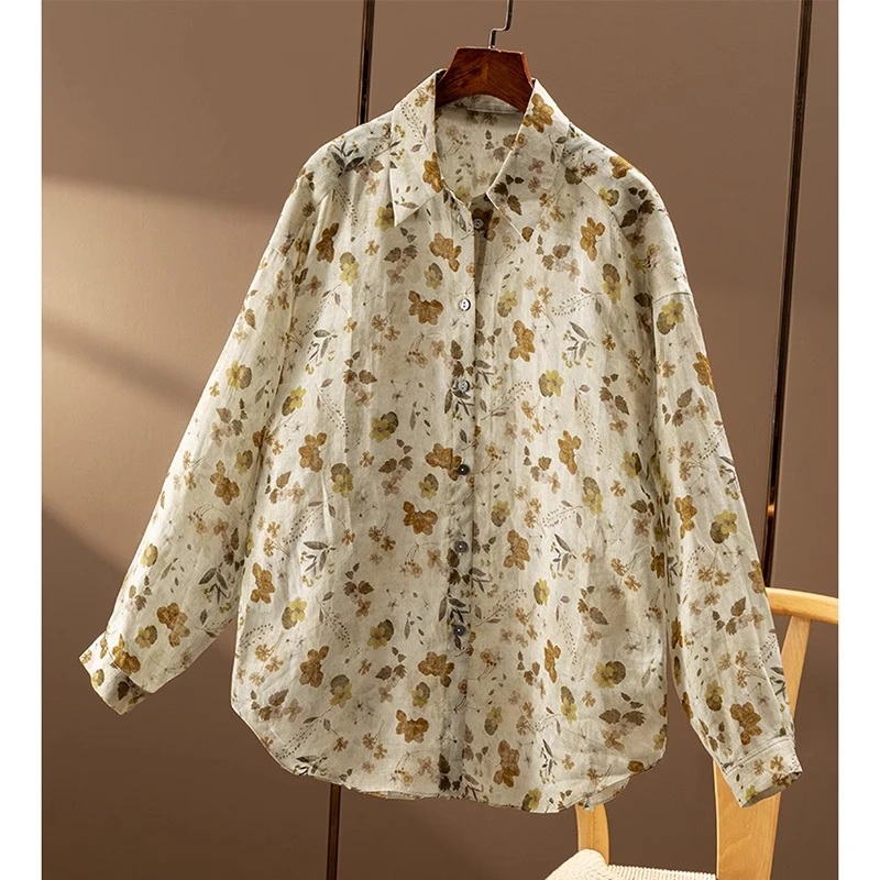 文艺复古风叶棉麻植物花卉印花长袖翻领衬衫女宽松设计感显瘦上衣