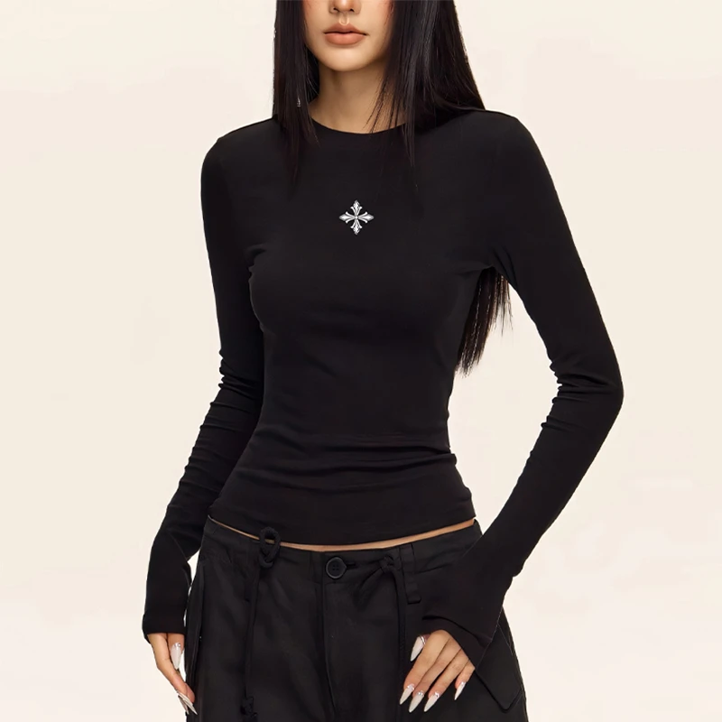 沙漏腰十字架紧身长袖t恤女辣妹装显瘦打底衫上衣
