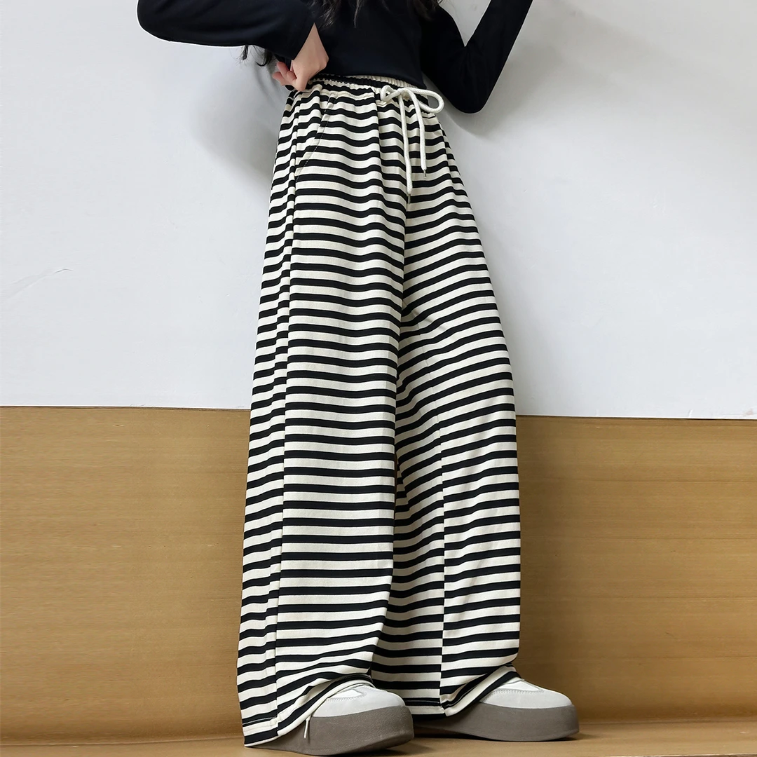 儿童秋装2025新款大女童装条纹裤子春秋款运动卫裤秋季阔腿直筒裤