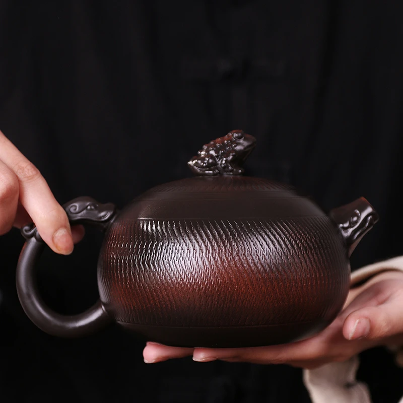 紫陶条纹金蟾凤鸣壶大容量家用中式纯手工泡茶壶复古大号紫砂壶S