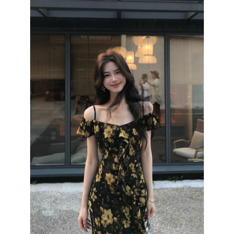 木子李的李【雾松见鹿】夏季气质黑色碎花修身吊带一字肩鱼尾连衣裙