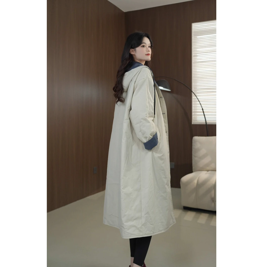 硕哥气质休闲通勤夹棉风衣双面穿撞色保暖连帽棉服 23995