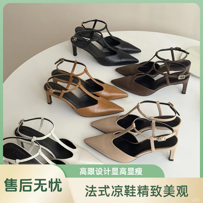 轻奢四色尖头调接扣法式名媛细跟凉鞋高跟鞋春夏季纯欲风显脚瘦