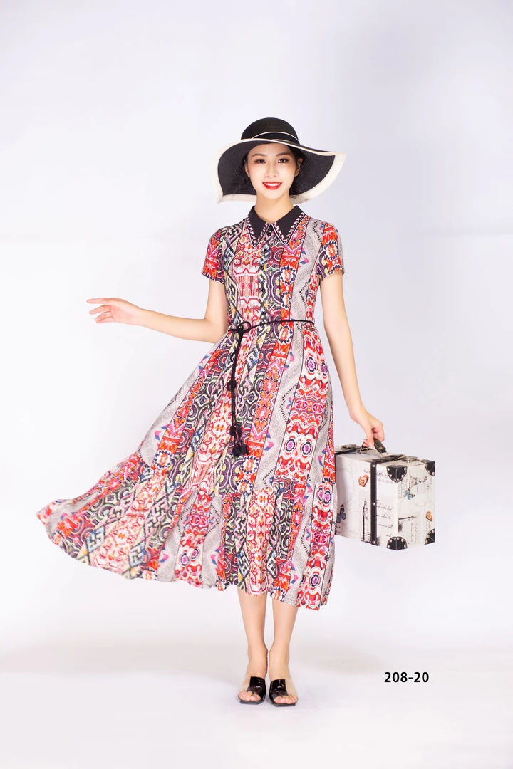 波西米亚风泡泡袖夏季圆领连衣裙旗袍碎花复古中国风显瘦气质时尚