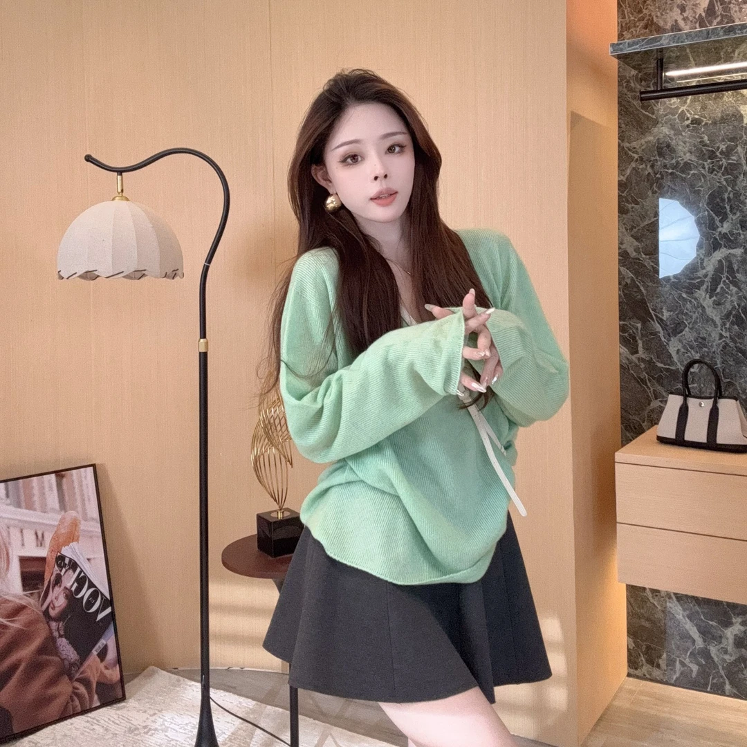 【晓溪服饰】温柔长袖针织衫显瘦针织衫V领设计感毛针织衫6522