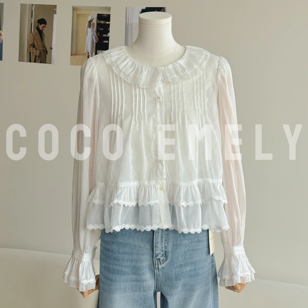 COCO EMELY 25年春季新款时尚洋气小众蕾丝荷叶边小衫CO07211411