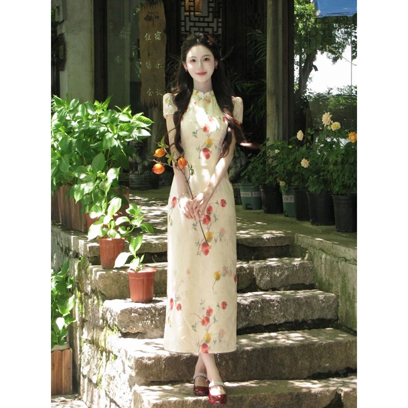 新中式改良旗袍2025夏季新款复古中国风气质高端石榴印花连衣裙女