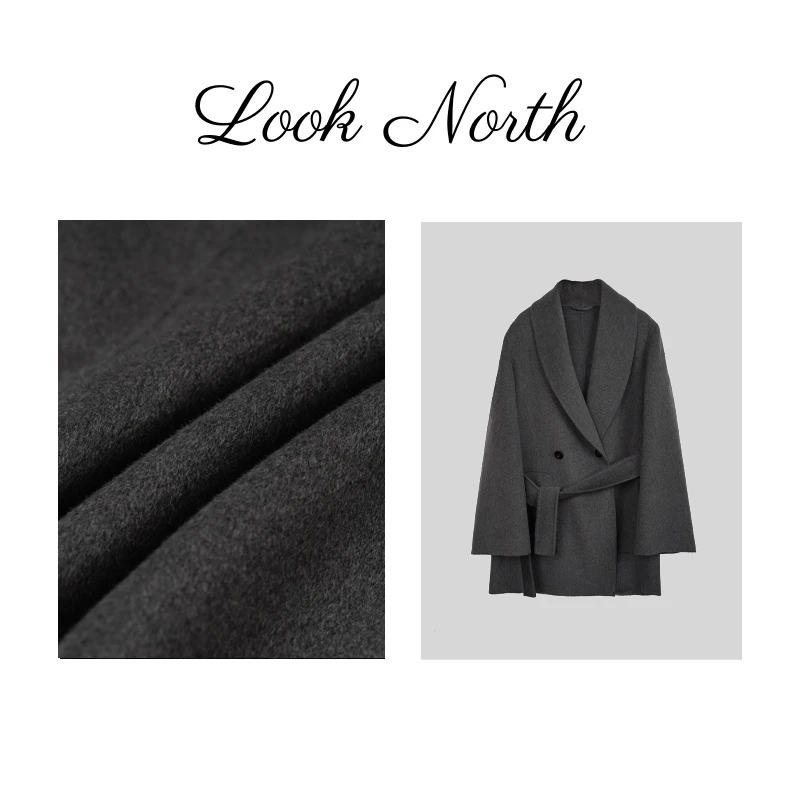 Look North时尚呢大衣纯色保暖长袖韩版翻领女毛呢外套秋冬856