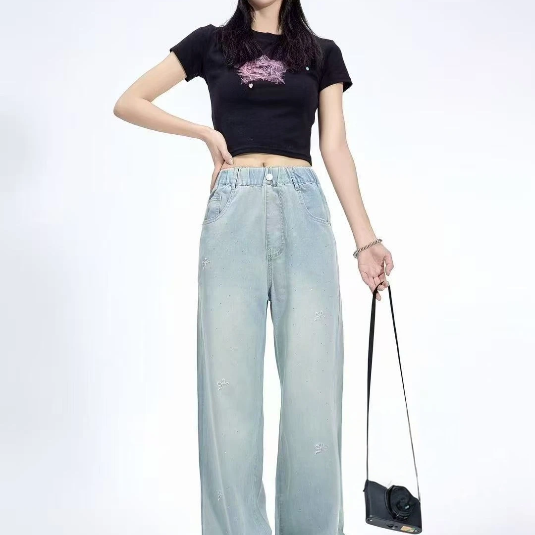 88147 夏款蝴蝶结刺绣烫钻直筒牛仔裤