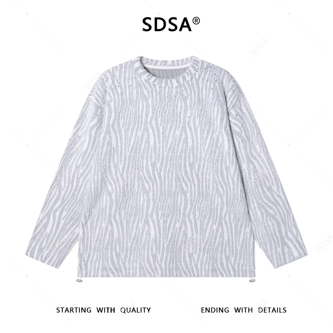 SDSA男士春秋新款痞帅男装韩版绒毛烫钻撞色圆领卫衣潮牌套头上衣