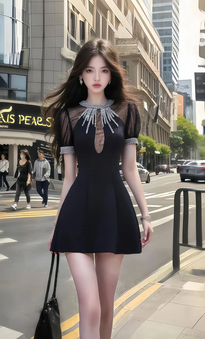 轻奢高端大气温柔知性风黑色圆领短袖收腰设计感连衣裙女时尚女装