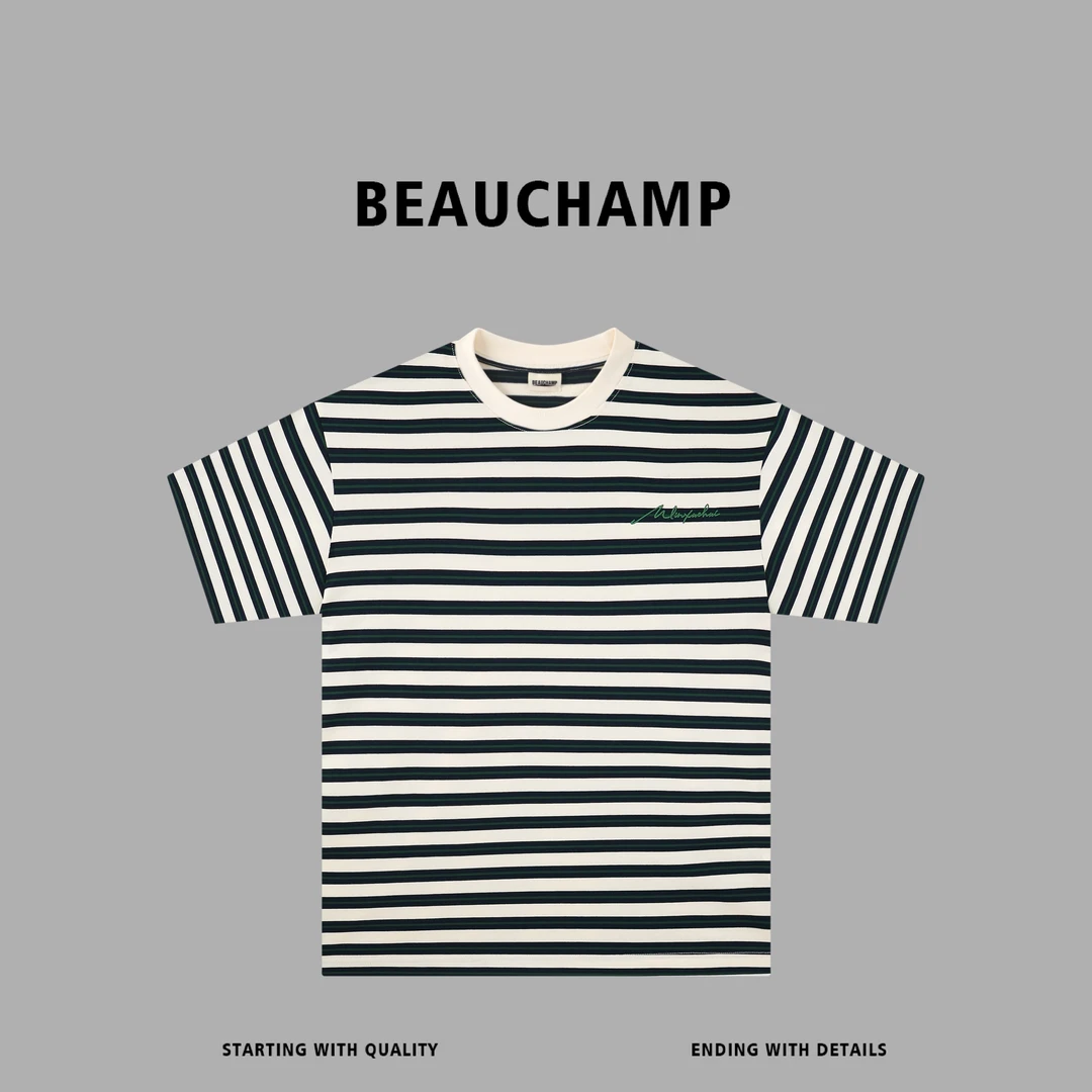 Beau champ品牌 美式复古条纹撞色夏季百搭休闲短袖 6387#