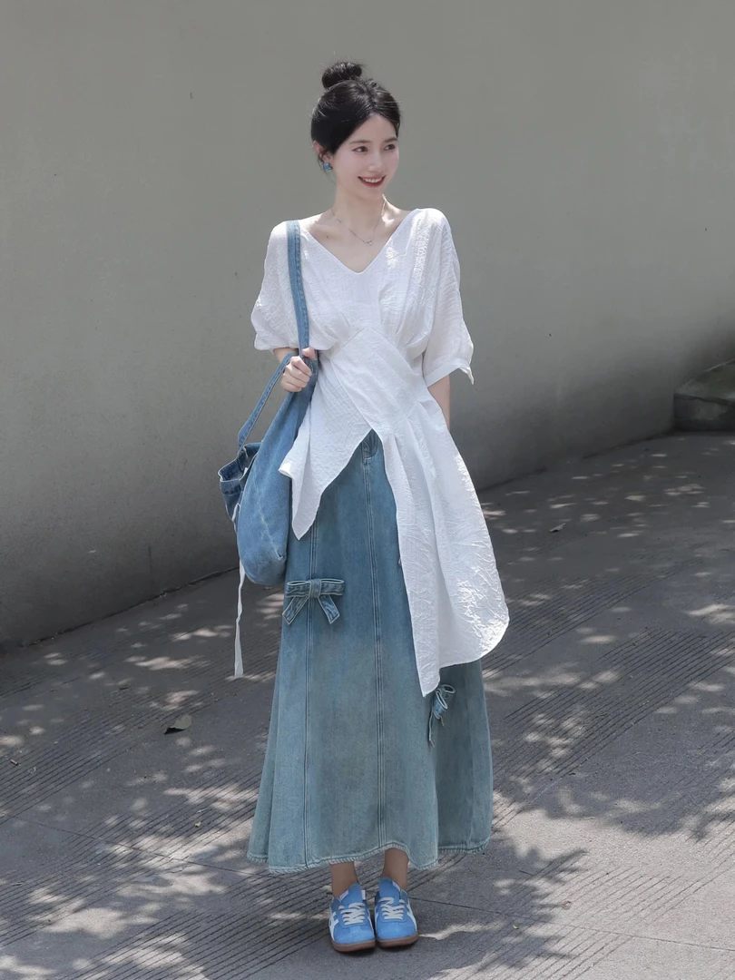 夏季穿搭一整套女2025新款韩版设计感上衣高腰显瘦半身裙两件套装