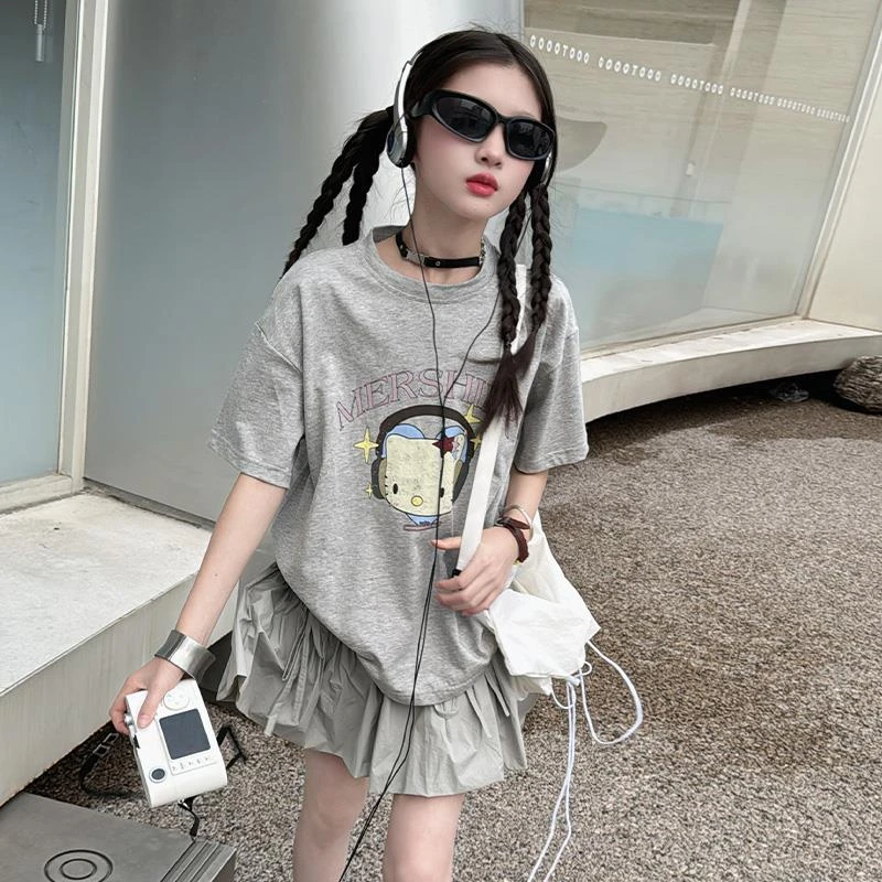 女童夏季短袖套装2025新款女孩儿童宽松休闲上衣半身裙两件套韩版