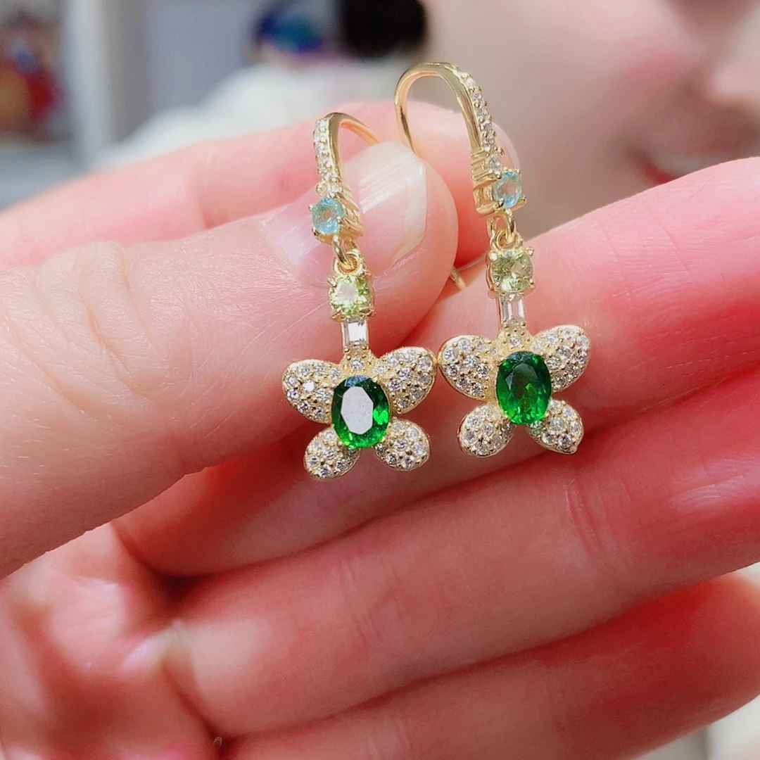 透辉石银S925镶嵌耳坠