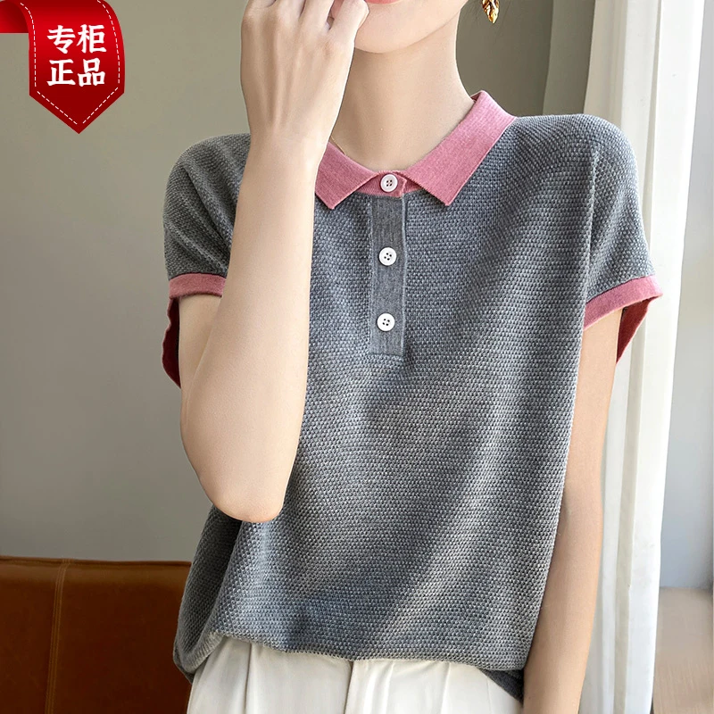 哥弟阿玛施正品【棉+桑蚕丝】正肩短袖t恤女2025夏季新款大码polo领