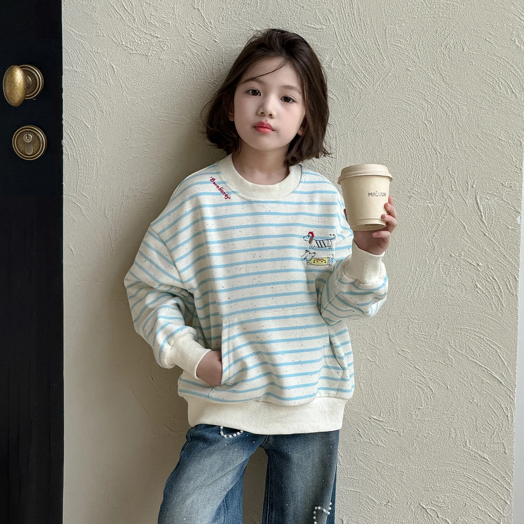 女童条纹上衣长袖T恤儿童洋气内搭打底衫2025秋季韩范新款Q13715