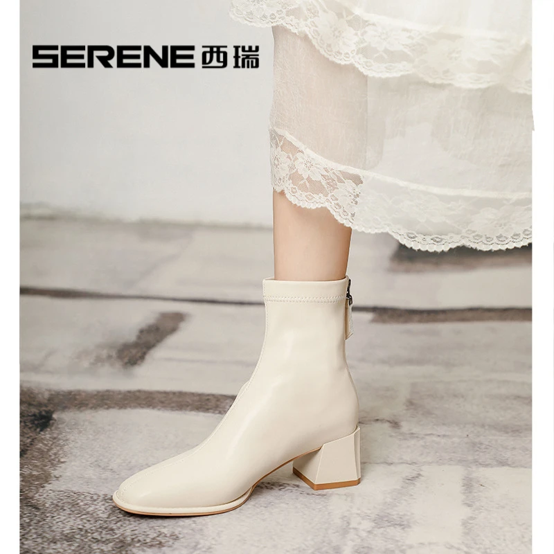 西瑞英伦风方头短靴女秋冬轻奢明星同款鞋女款气质御姐范女神鞋子