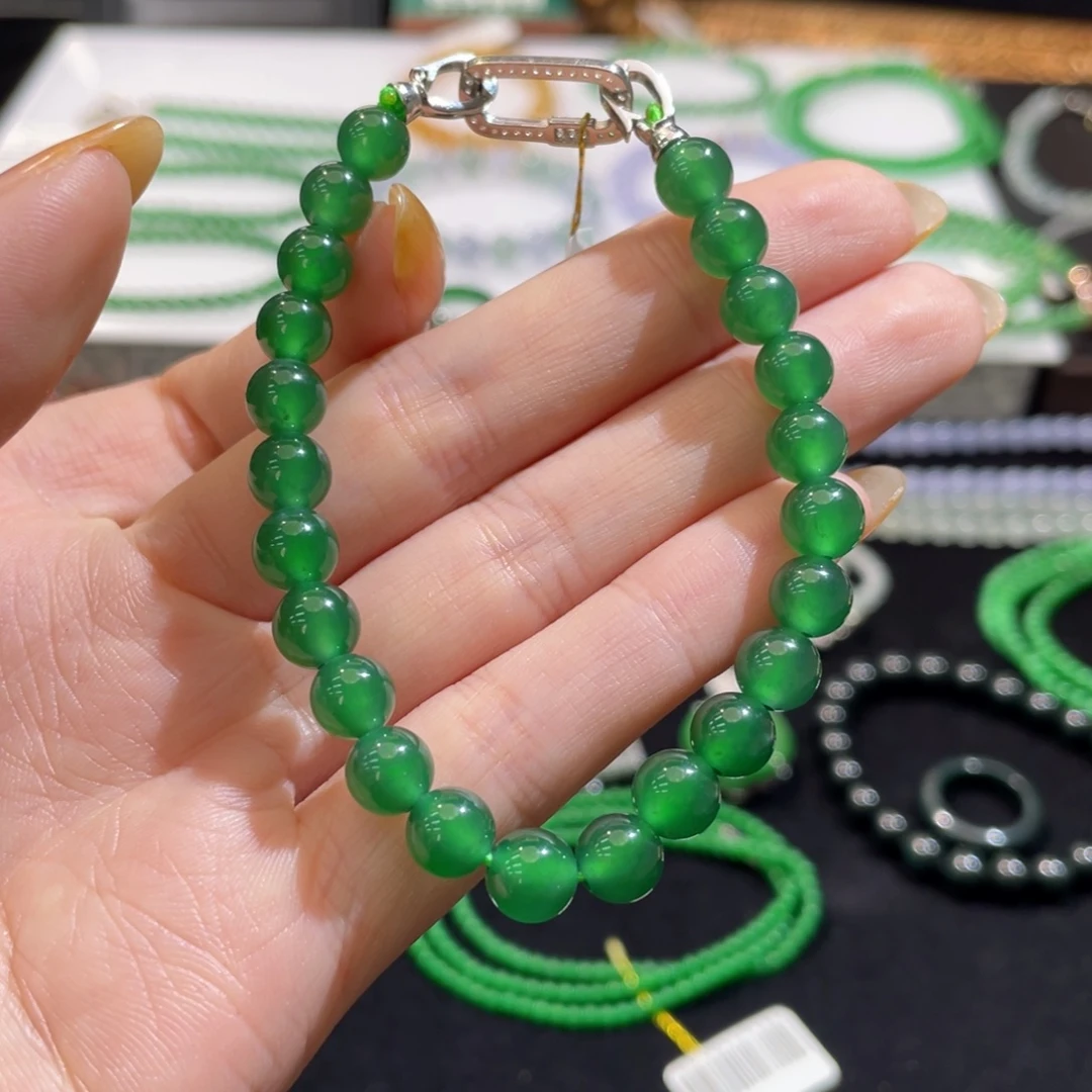 翡翠银S925镶嵌手链满绿卡6.8