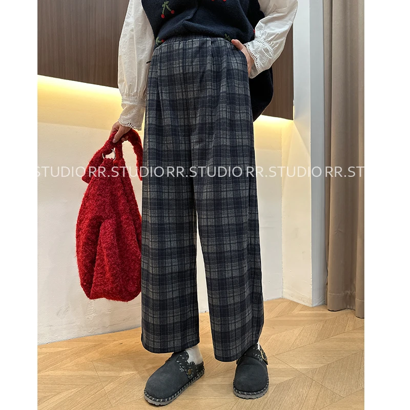 瑞瑞家秋冬新款格子休闲裤高腰孕妇装百搭直筒老爹裤DY2510