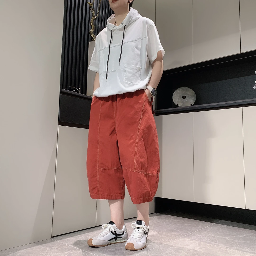 【六哥原创】设计款潮流夏季拼接明线薄款简约纯色七分休闲裤2518