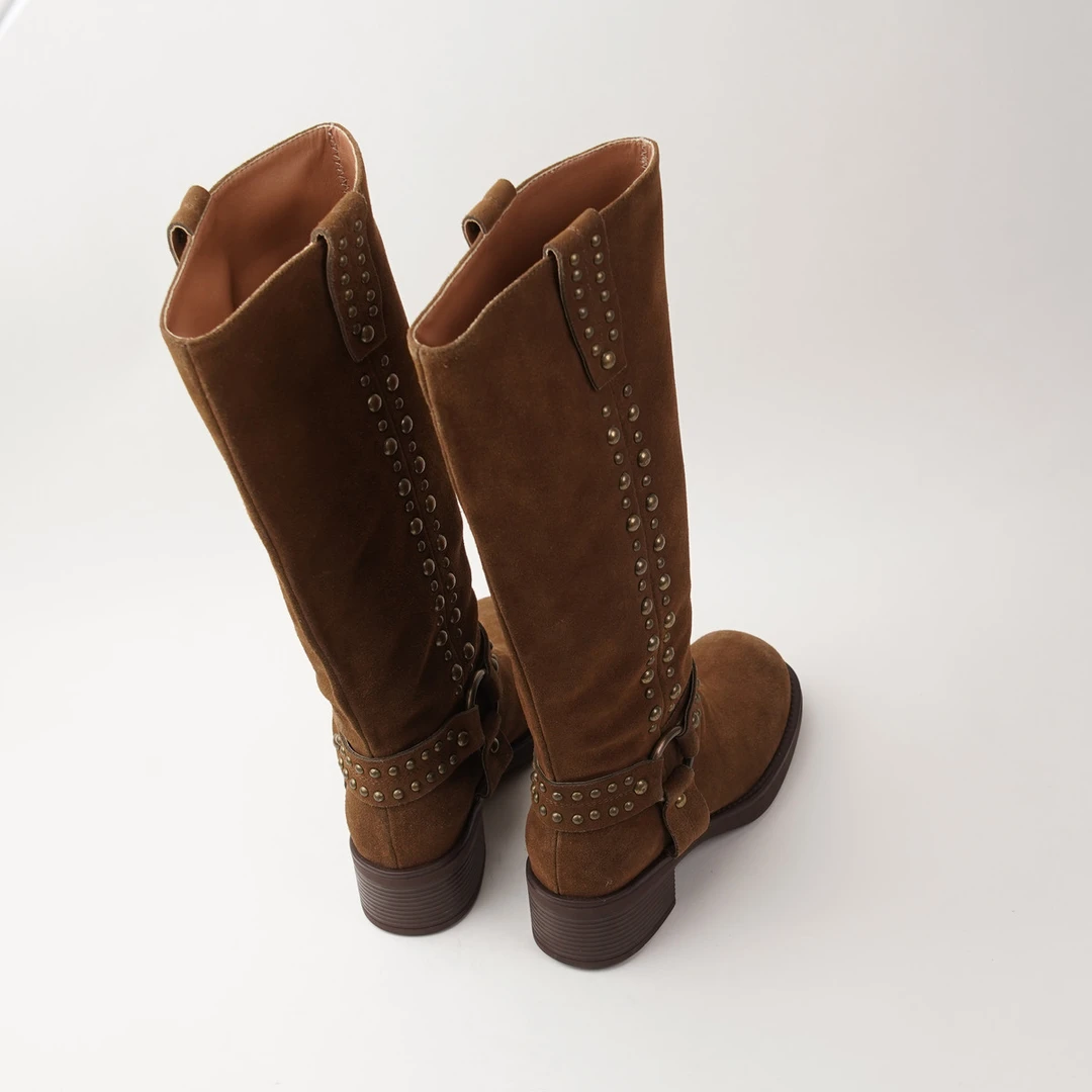 全真皮磨砂牛皮铆钉时尚长筒靴女中跟粗跟不过膝长靴骑士靴