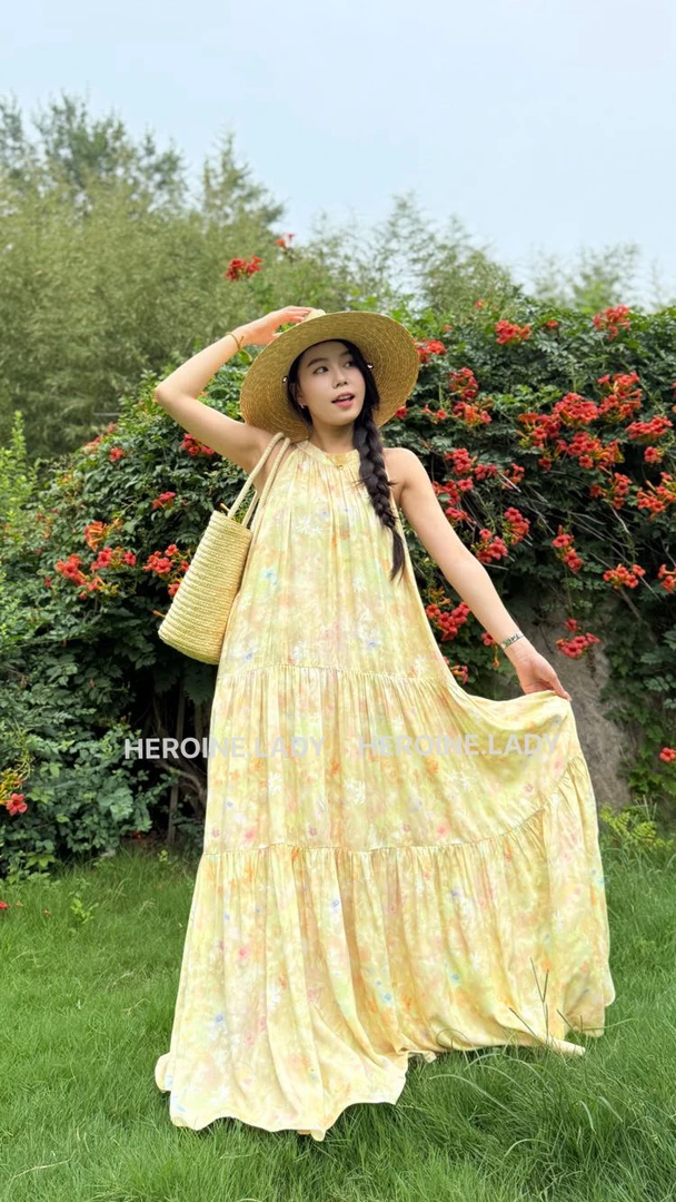 【千颂伊】HL棉绸夏季无袖挖肩后绑带气质时尚显瘦复古印花蛋糕裙