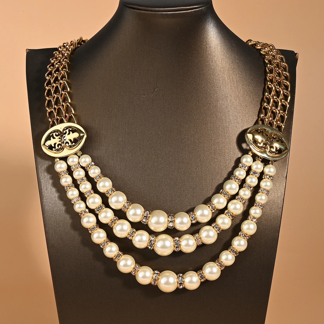 铜仿珍珠项链 法式多层仿珍珠项链欧美轻奢个性气质项饰复古优雅