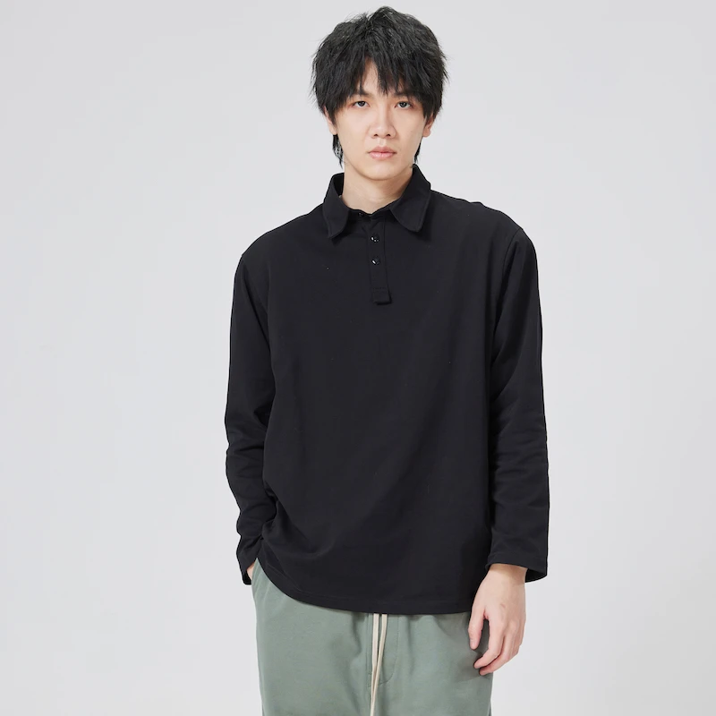 时尚潮流春季polo简约宽松纯棉运动长袖Polo衫秋季透气百搭男黑色