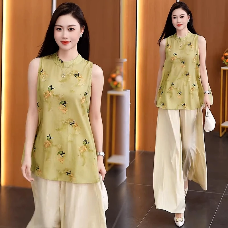 新中式国风套装女2025夏季新款洋气减龄提花无袖上衣阔腿裤两件套