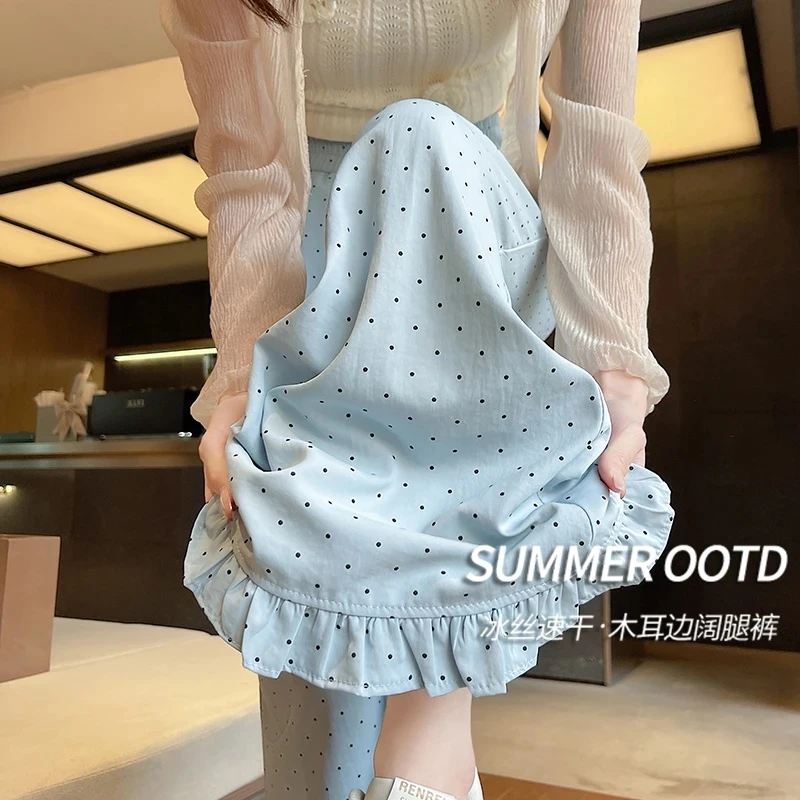 2025年夏季新款韩系设计感减龄木耳边波点休闲裤高腰遮跨阔腿裤女