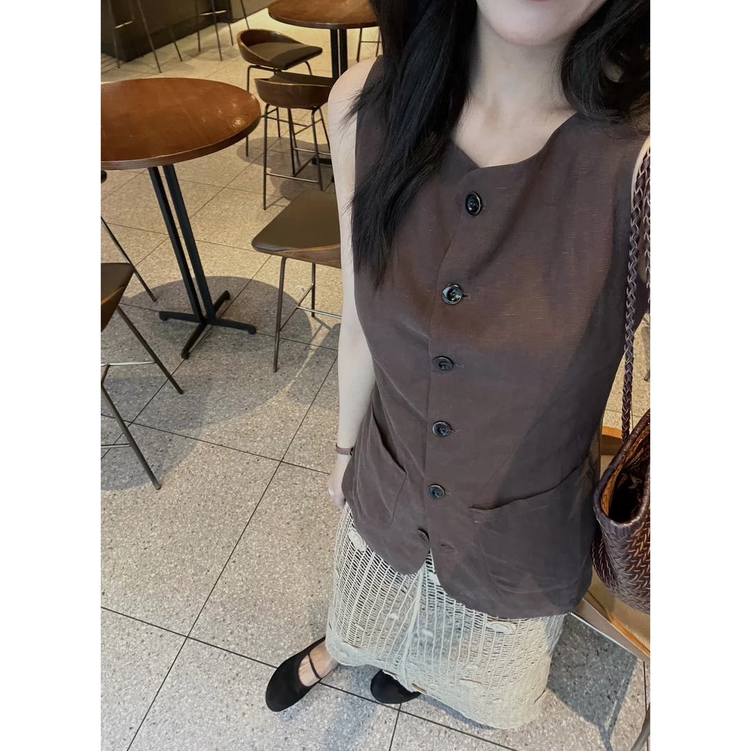 FAR ZOOM  莱赛尔亚麻混纺小众显瘦无袖背心极简气质女人马夹