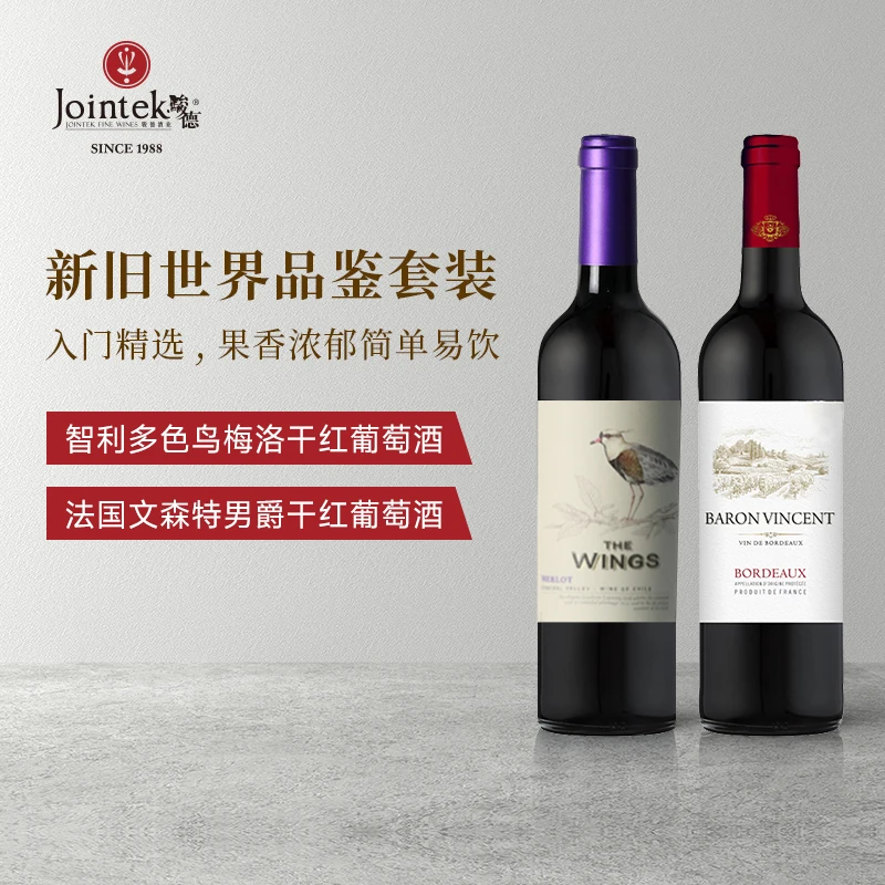 新旧世界品鉴套装 必喝入门款干红葡萄酒 750ml双支装 法国智利