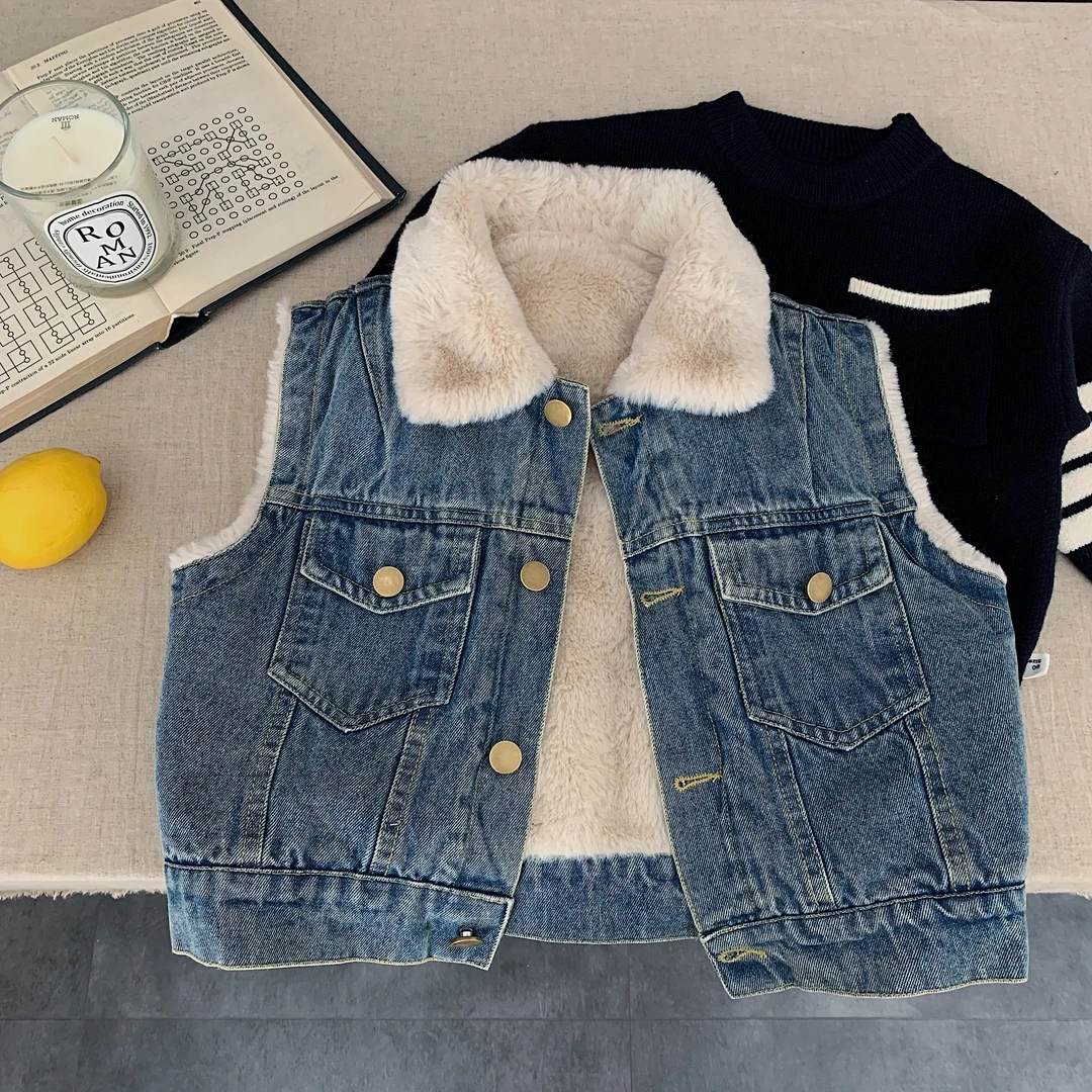 儿童牛仔马甲25秋冬童装男女童潮酷加绒背心坎肩宝宝保暖外套冬装