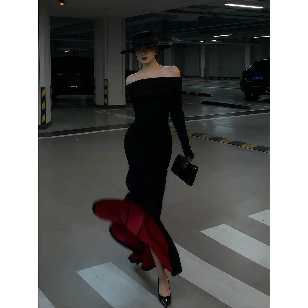 法式赫本风御姐气质一字领长袖连衣裙女秋冬收腰显瘦鱼尾包臀裙子