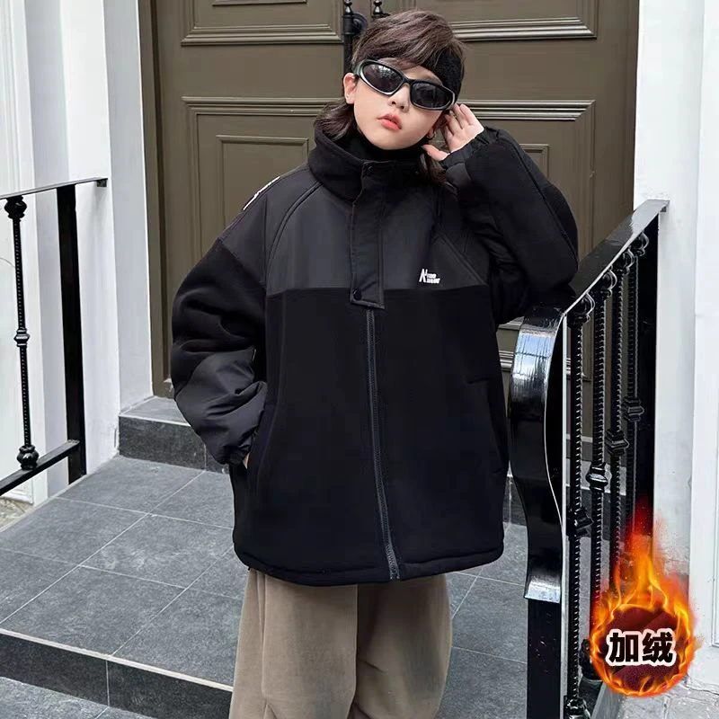 502039童装男童棉服2025冬款儿童夹棉加厚奥利绒拼接潮酷连帽外套