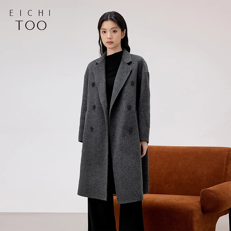 爱居兔全羊毛双面呢大衣宽松保暖双排扣外套EWDSJ4P713A