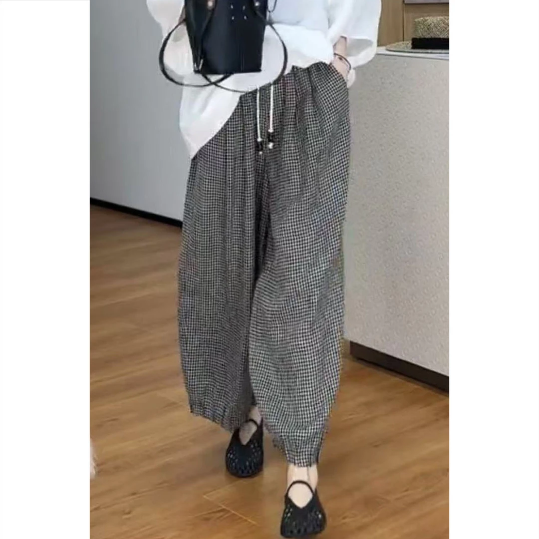 艾塔莉薄款夏季灯笼裤哈伦裤中腰松紧休闲裤直筒宽松格子条纹裤女