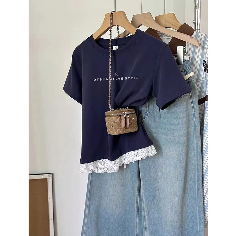 2025新款花边正肩圆领短袖t恤女夏季外穿时髦百搭显瘦藏青色上衣