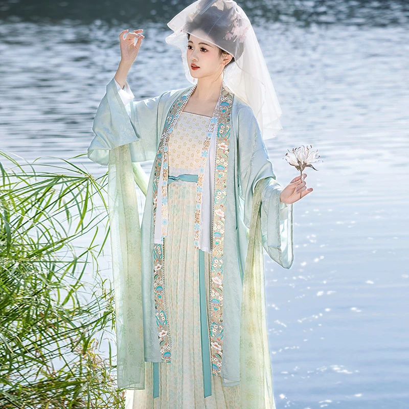 重回汉唐 宋雅集 新品直领对襟长衫一片式褶裙套装宋制汉服春夏