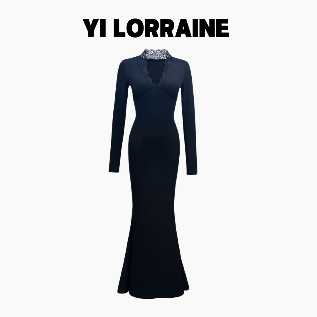 YI LORRAINE/旖洛琳原创设计莱赛尔亲肤V领蕾丝花边鱼尾摆连衣裙